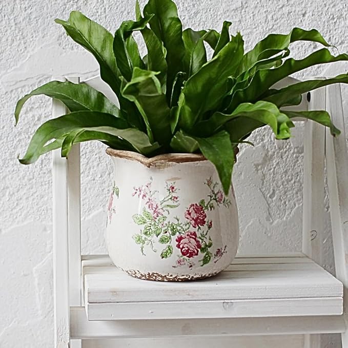 Shabby Chic Flower Pot, 6.11 Inch Ceramic Planter with Drainage for Indoor Plants, Vintage Ceramic Vase, Country Chic Spring Garden Home Decor, Pink Rose Floral
