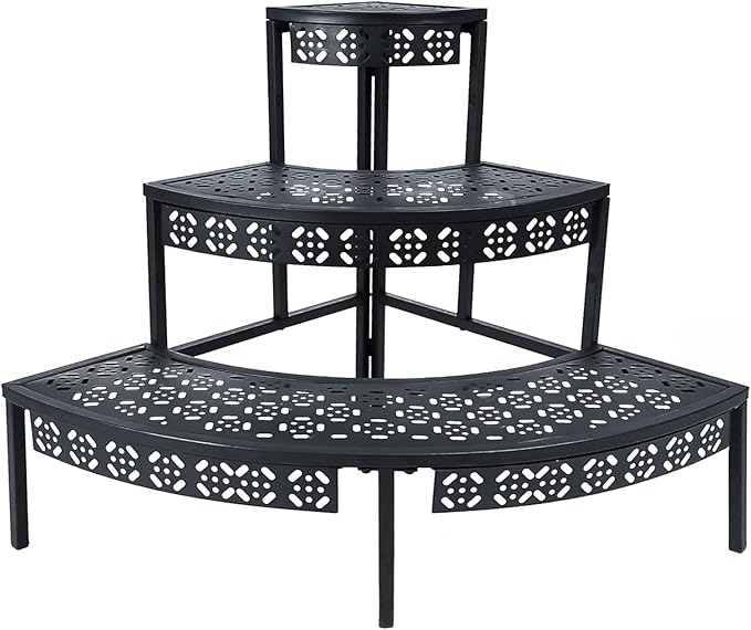 aboxoo 3 Tier Plant Stand Flower Pot Rack, Metal Stair-Step Style Corner Shelf Planters, Quarter Round Display Holder for Indoor Outdoor Use(Black, Semicircle)
