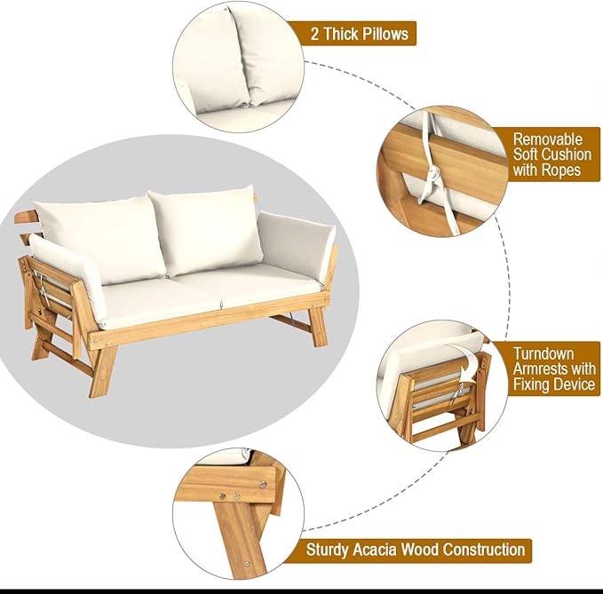 Tangkula Convertible Acacia Wood Patio Couch Sofa Bed with Adjustable Armrest, Outdoor Daybed with Cushion & Pillows, Outside Folding Futon Sofa Couch Bench for Porch, Courtyard, Poolside & Garden