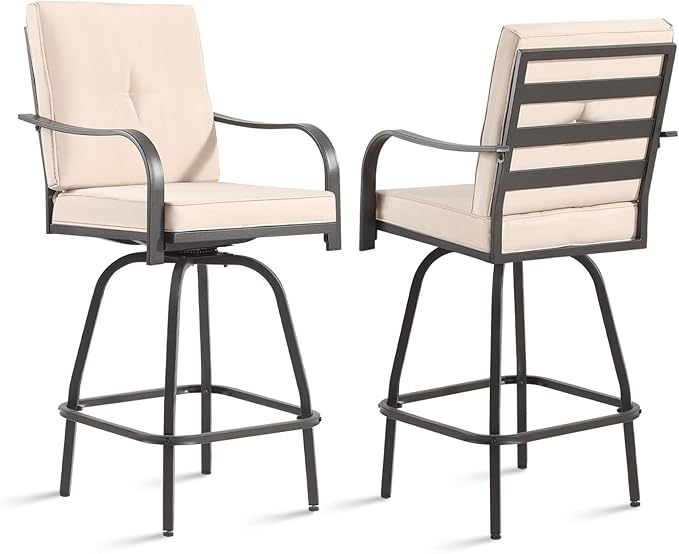 Patio Swivel Bar Stools Set of 2, Outdoor Bar Height Swivel Chairs with Cushions for Garden Balcony Backyard, Beige