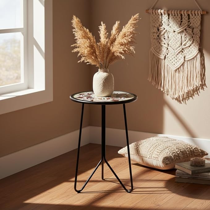 LIFFY Outdoor Side Table, 12" Small Patio Side Table for Outside, Indoor Round Home Decor End Table & Accent Table with Glass Top, Decorative Plant Table Stands for Garden Yard Porch Balcony