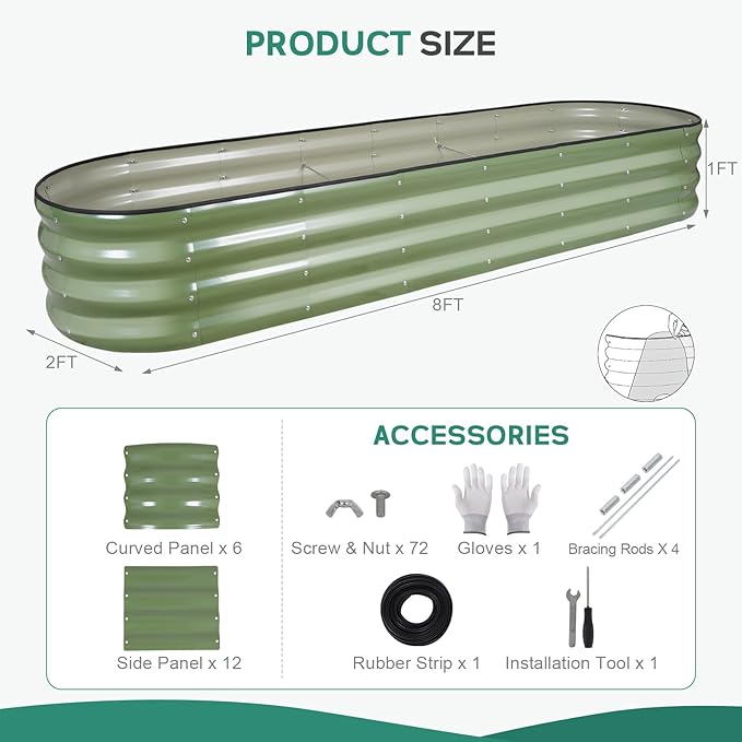 Galvanized Raised Garden Bed - 8×2×1ft Planter Raised Beds for Gardening | Oval Metal Garden Planter Box with Safety Edging and Bracing Rods for Vegetables Fruits and Flowers Oliver Green