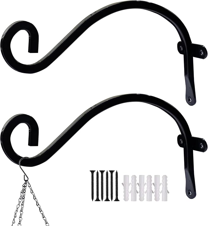 Hourleey 2 Pack Plant Hanger Outdoor, 8 Inch Heavy-Duty Hanging Plant Hook for Outside Basket, Black Metal Wall Mount Plant Bracket Hook for Flower Baskets Bird Feeder