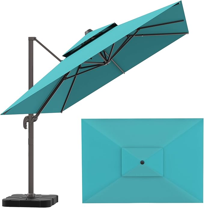 10x13FT Cantilever Outdoor Patio Umbrellas, Double Top Large Rectangle Umbrella, Heavy Duty 360° Rotation Offset Outdoor Sun Shade Umbrella for Garden Deck Pool Backyard Patio, Turquoise