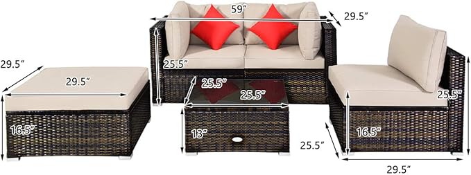 Tangkula 5 Pieces Patio Rattan Furniture Set, Outdoor Sectional Rattan Sofa Set with Back & Seat Cushions, Wicker Conversation Set with Tempered Glass Table for Backyard Porch Poolside (Brown)