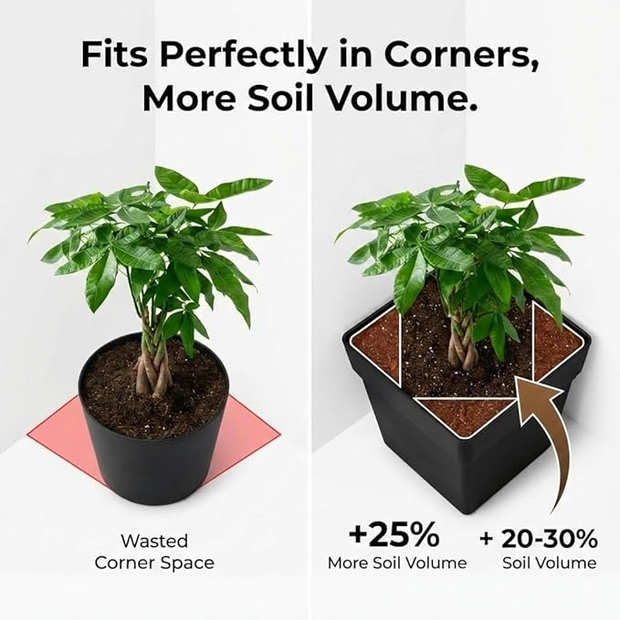 6-Pack 7'' Square Planters with Built-in Drainage Tray – Heavy-Duty Black Plastic Planter with Drainage Hole and Bottom Stopper, BPA-Free Plant Pots Matte Finish for Indoor Outdoor