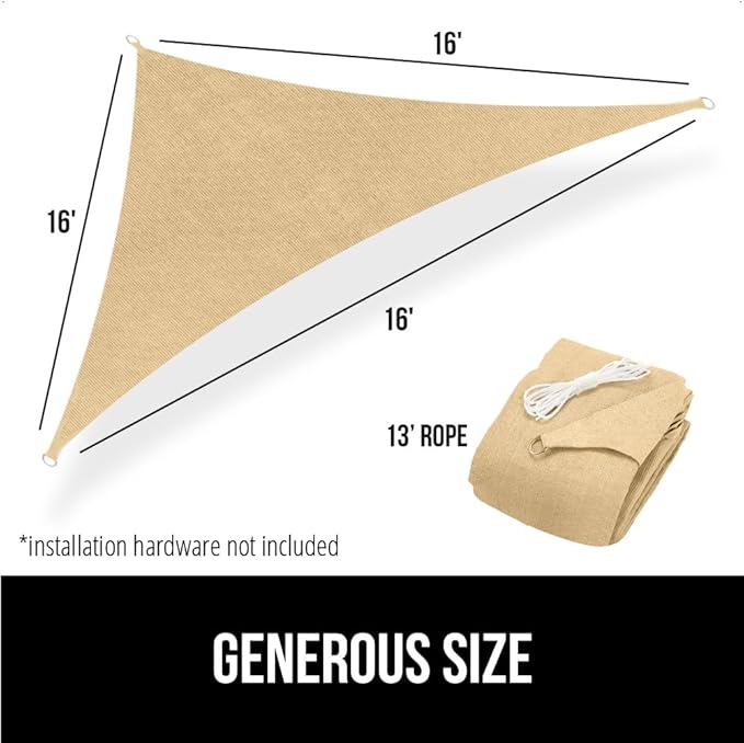 GORILLA GRIP Heavy Duty Sun Shade, UV Protection Fade Tear and Rust Resistant Rectangle Sunshade Canopy, Curved Edges Blocks Sunlight, Breathable Sail, Outdoor Patio, Lawn Garden, 16x16x16, Sand
