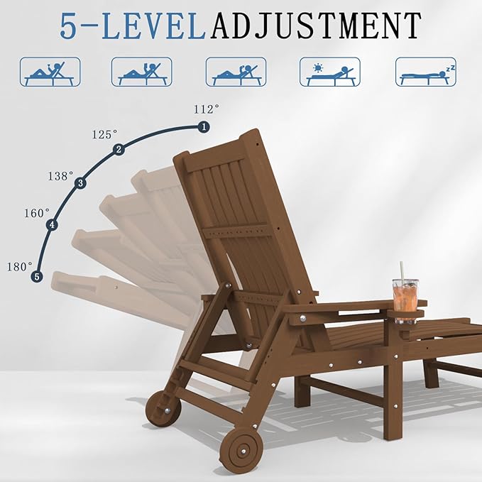 Patio Chaise Lounge Chair, Oversized Lounge Chair Outdoor with 5 Positions, HDPE, Patio Lounge Chair with Wheels & Cup Holder for Pool, Deck, Poolside,Wood