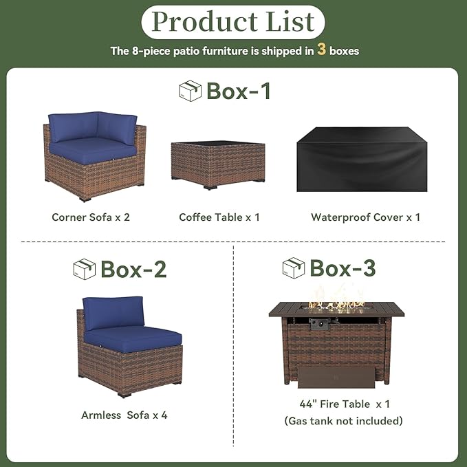 Aoxun 8-Piece Outdoor Patio Furniture Set - 44” Fire Pit Table, Durable Wicker Rattan Sectional Sofa with Coffee Table, Comfy Thickened Cushions, Blue (Waterproof Cover Included)