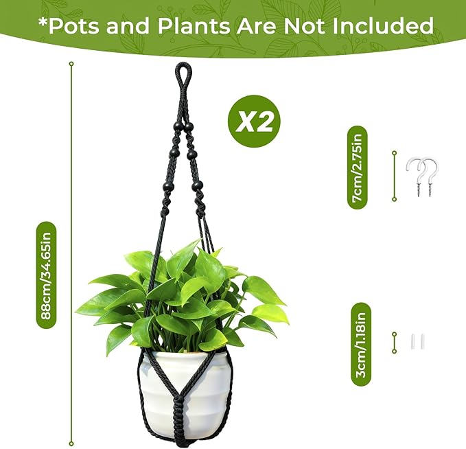 Macrame Plant Hanger, Up to 4-15 inch Pots, Wood Beads Cotton Hanging Planter Holder for Indoor Outdoor Boho Home Decor, 35 Inch, Set of 2 (Black)