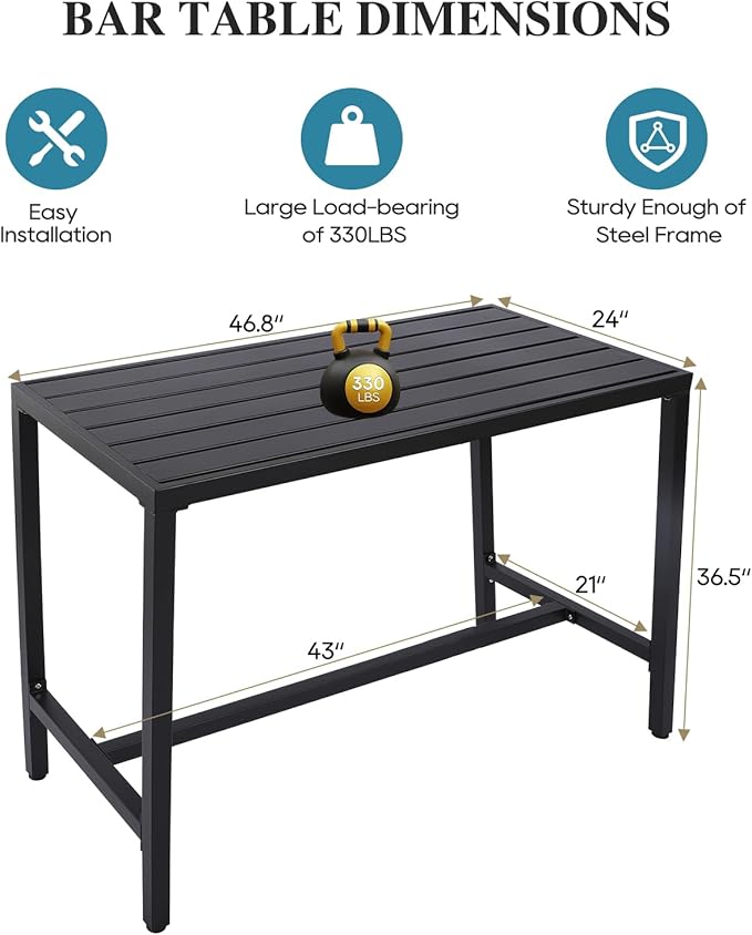 Outdoor Bar Table, Patio Console Pub Height Tables with Powder Coated Steel Frame, Weather Resistant Waterproof Top for Hot Tub, Balcony, Garden, Yard, Poolside (47" Wide Bar Table, Black)