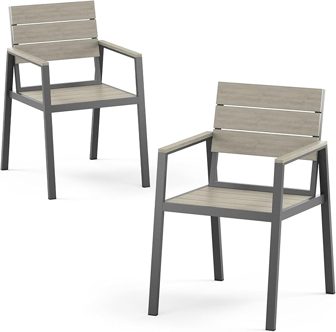 Outdoor Patio Dining Chairs Set of 2, Aluminum & HDPS All-Weather Dining Chiars for Deck, Lawn, Backyard, Pool (Classic Gray)