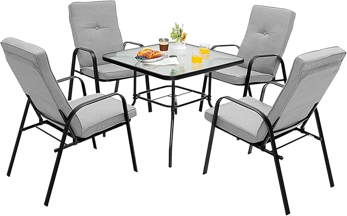 Tangkula 35" Patio Dining Table for 4, Square Outdoor Dining Table with Tempered Glass Tabletop, 1.65" Umbrella Hole & Metal Frame, 4-Person Outside Dining Table for Backyard, Lawn, Deck & Poolside