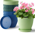 Plastic Plant Pots, 6 Pack 7.5 Inch Flower Pots with Drainage Holes and Saucer, Planters for Indoor Outdoor Plants, Stylish Decor for Home and Garden(Blue, Green, Dark Green)
