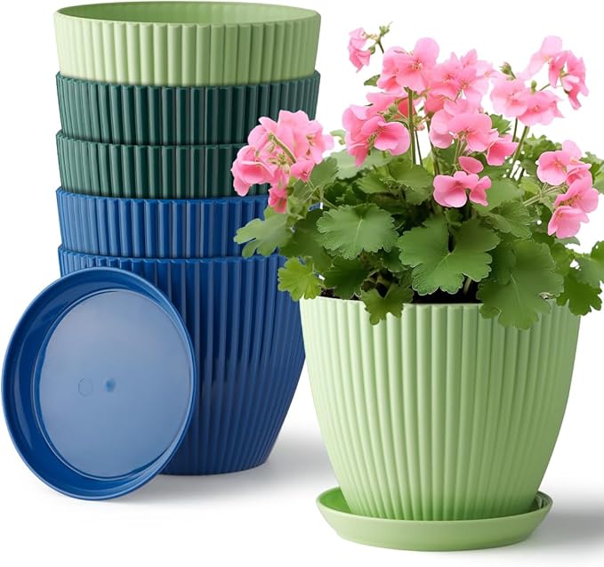 Plastic Plant Pots, 6 Pack 7.5 Inch Flower Pots with Drainage Holes and Saucer, Planters for Indoor Outdoor Plants, Stylish Decor for Home and Garden(Blue, Green, Dark Green)