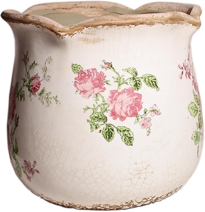 Shabby Chic Flower Pot, 6.11 Inch Ceramic Planter with Drainage for Indoor Plants, Vintage Ceramic Vase, Country Chic Spring Garden Home Decor, Pink Rose Floral