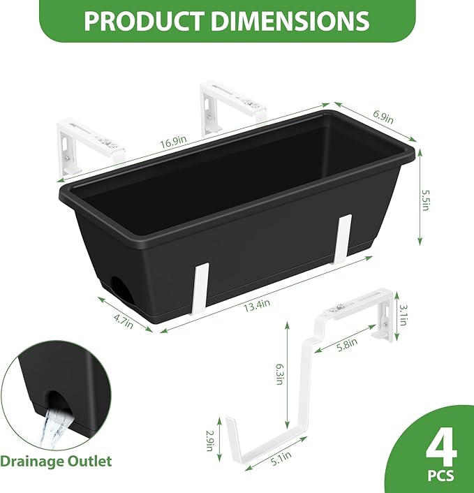 OYEAL 4 Pack Railing Planter Box Outdoor Hanging Balcony Planters 17 Inch Window Boxes Planter with Adjustable Brackets Plastic Flower Pots for Garden Deck Porch Railing Balcony Fence, Black & White