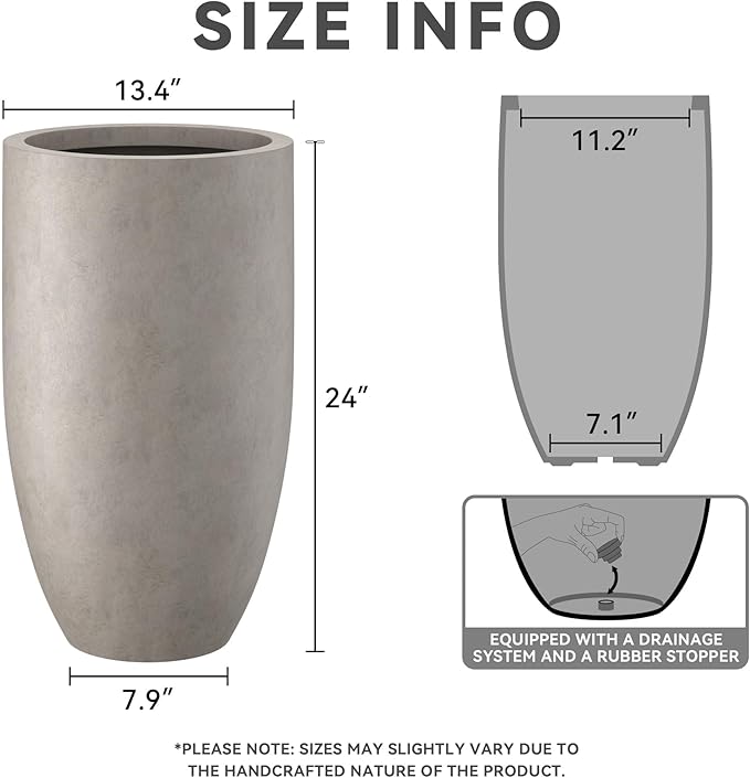Kante 24 Inch Tall Round Concrete Planter, Large Indoor Outdoor Plant Pots with Drainage Hole and Rubber Plug, Modern Decorative Garden Pots for Home Patio Porch, Weathered Concrete
