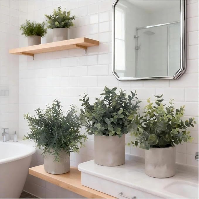 Lemonfilter Small Fake Plants, 3PCS Mini Potted Artificial Plastic Eucalyptus Plants Indoor Modern Farmhouse Decor, Fake Potted Plant for Home Bathroom Bedroom Office Shelves Decor