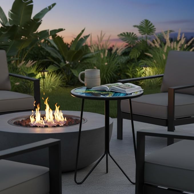 LIFFY Patio Side Tables,12" Indoor Outdoor Metal Side Table with Glass Tabletop,Round Decorative Plant Stand & Accent Table for Garden, Yard, Balcony, Backyard, Porch