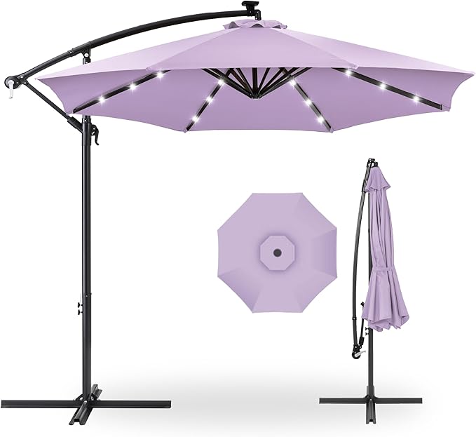 Best Choice Products 10ft Solar LED Offset Cantilever Hanging Market Patio Umbrella, 8 Sturdy Ribs, Easy Adjustment - Lavender