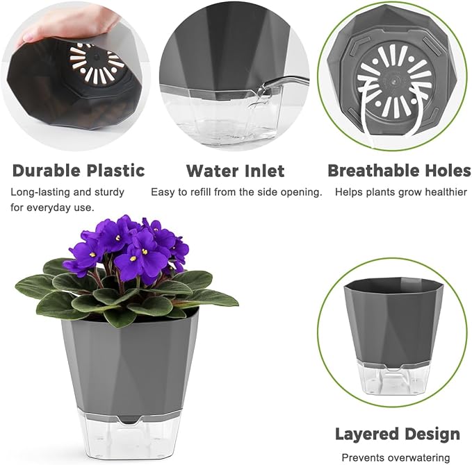 5 Pack Self Watering Pots for Indoor Plants, 6.7 Inches Self Watering Planters African Violet Pots Clear Pots for Herb Orchid Flower Houseplant, Dark Grey