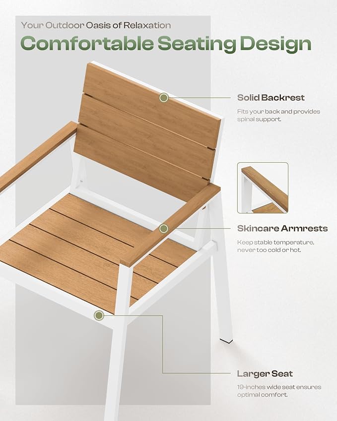 Outdoor Patio Dining Chairs Set of 2, 350LBS Capacity Aluminum Patio Dining Chairs with Armrests, Weather-Resistant for Lawn, Garden, Yard, Poolside and Indoor Use (White & Teak)