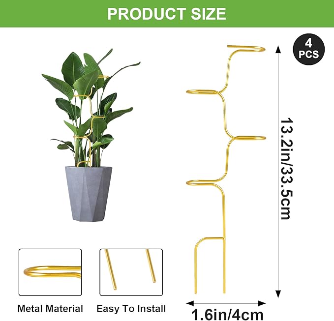 succulentlovers 4PCS Indoor Plant Support Stakes, 12.6 Inch Metal Monstera Plant Supports, Indoor Plant Trellis Plant Stem Holder Support for Indoors & Outdoor Garden Plants Stabilization and Supports