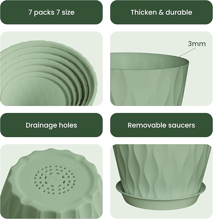 Plastic Plant Pots, 7/6.5/6/5.5/5/4.5/4 inch Flower Pots with Drainage Holes and Trays, 7 Pack Planter for Indoor Outdoor Plants (Green)