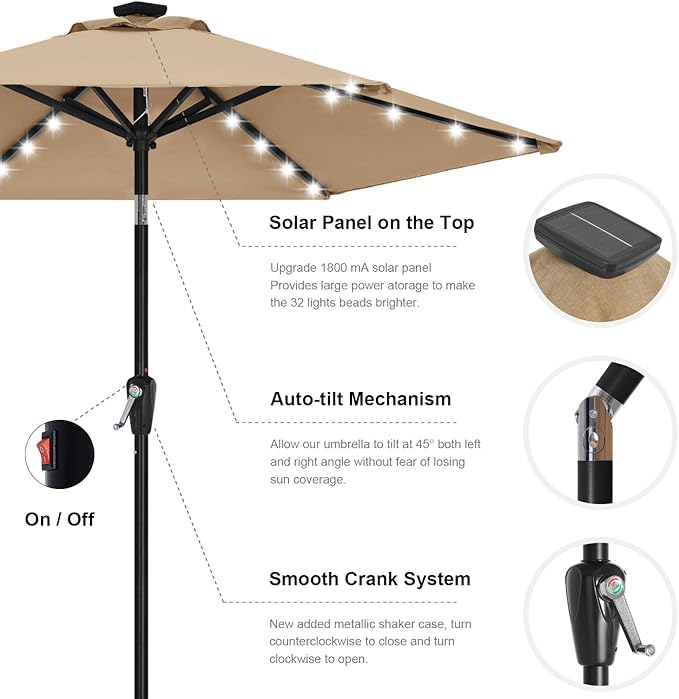 ABCCANOPY Durable Solar Led Patio Umbrellas with 24LED Lights 7.5FT with 6 Sturdy Ribs (Tan)