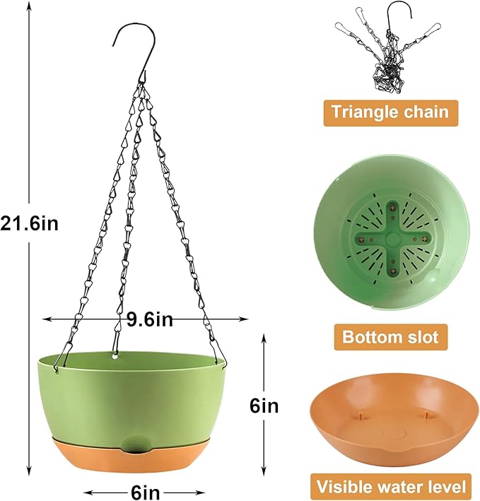 10 inch Hanging Planters for Indoor Outdoor Plants with Self-Watering Pots, 3 Pack Plastic Hanging Basket with Removable tray for Home Garden Porch Balcony Patio Decor(Green）