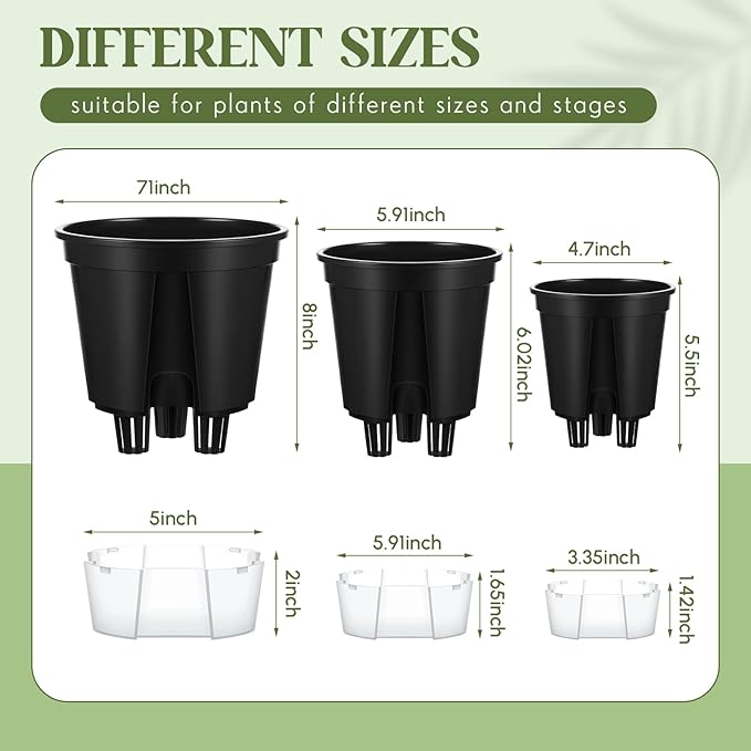 Self Watering Pots for Indoor Plants with Deep Reservoir and High Drainage Holes for Outdoor Plants and Flowers, Bare Root Planter(4.72'', 5.91'', 7.09'',Black,9 Pcs)