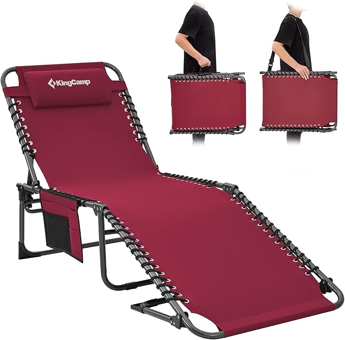 KingCamp Lounge Chair Outdoor, Folding Portable Tanning Chairs Comfy Adjustable 5-Position Lay Flat Foldable Chaise Chaser Lounger with Pillow for Outside Beach Patio Sun Bathing Pool Backyard, Wine