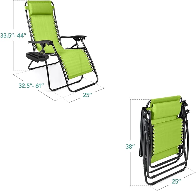 Best Choice Products Set of 2 Adjustable Steel Mesh Zero Gravity Lounge Chair Recliners w/Pillows and Cup Holder Trays - Lime Green