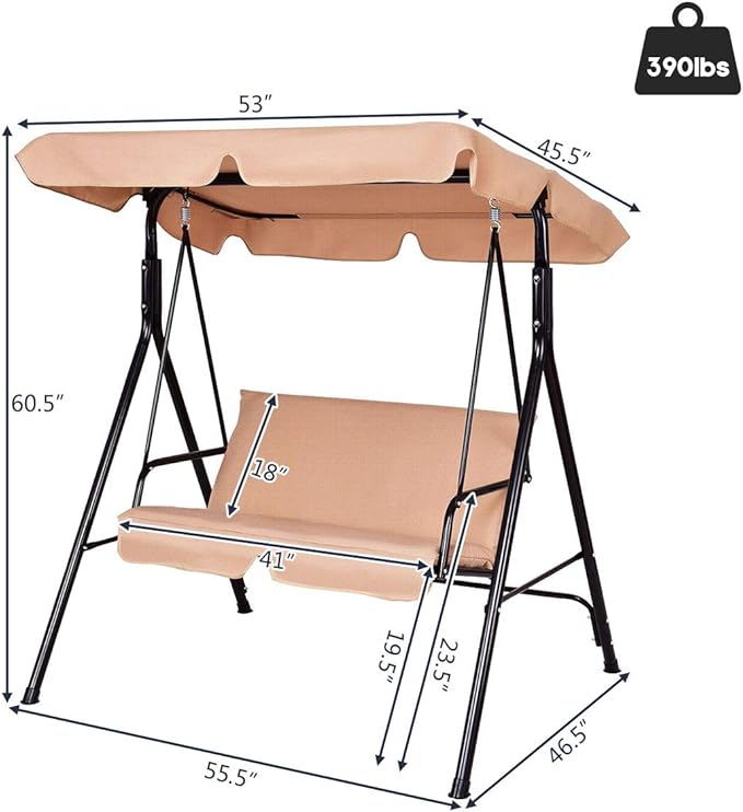 Tangkula 2 Person Porch Swing, Outdoor Swing with Removable Cushions, Solid Steel Structure, Patio Swing with Adjustable Canopy for Porch, Backyard, Garden, Balcony Beige