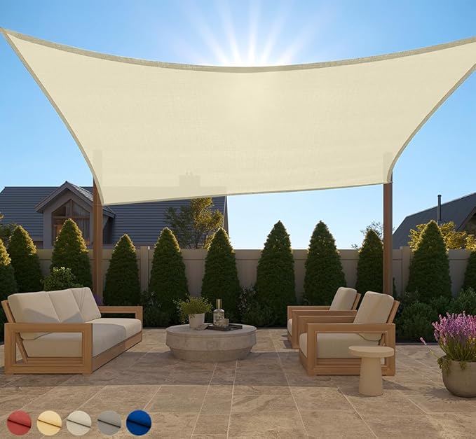 GORILLA GRIP Heavy Duty Sun Shade, UV Protection Fade Tear and Rust Resistant Rectangle Sunshade Canopy, Curved Edges Blocks Sunlight, Breathable Sail, Outdoor Patio, Lawn Garden, 8x12 FT Butter Cream