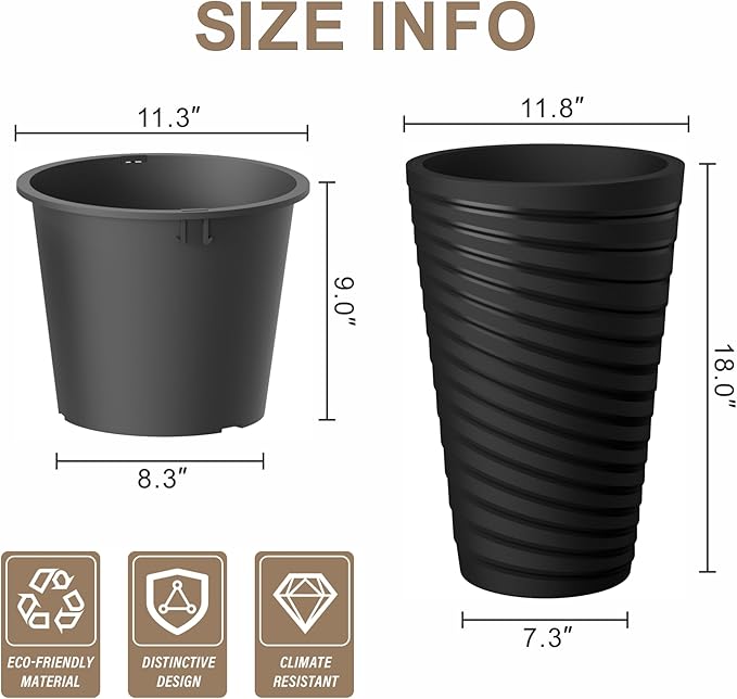 Kante 18 Inch Tall Planter Set of 2, Round Spiral Textured Flower Pots, Decorative Plant Pots for Outdoor Indoor Home Garden Patio (Black)