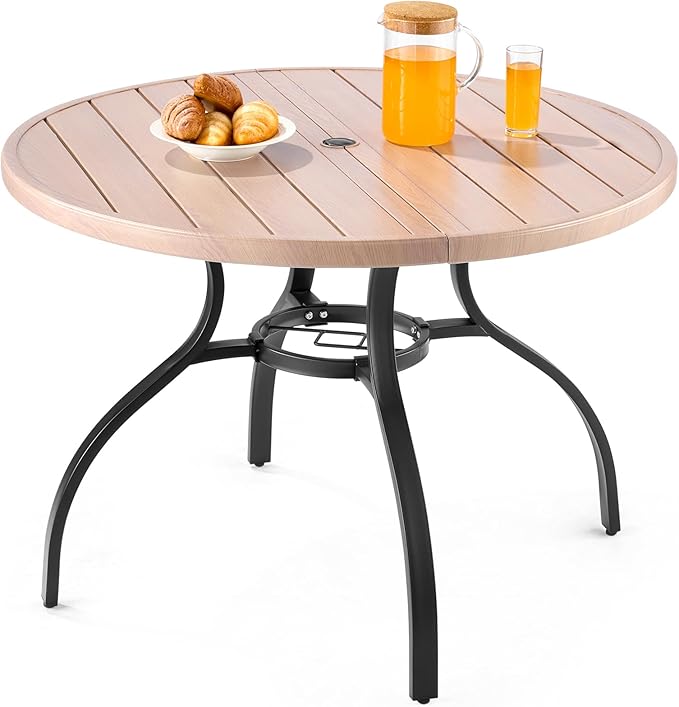 VEVOR Outdoor Patio Dining Table, 41 inch Round Wood-Like Steel Slat Backyard Bistro Coffee Tables for 4, with 1.5 in Umbrella Hole, Outside All-Weather Large Furniture for Lawn Garden Porch
