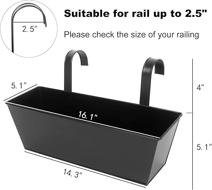 Railing Planters Outdoor Balcony 16 Inch Deck Over The Railing Planter Boxes Hanging Planters for Fence Flower 5 Pcs (Black)