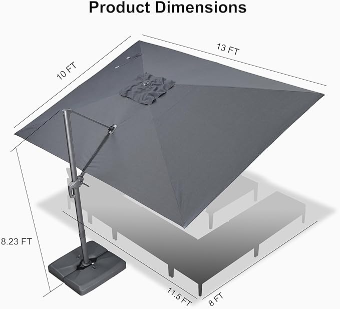 PURPLE LEAF Patio Umbrella 10' X 13' Rectangle Cantilever Umbrella Large Aluminum Outdoor Umbrellas with 360-degree Rotation & UPF40+ Premium Fabric for Deck Pool Garden Yard, Mist Grey