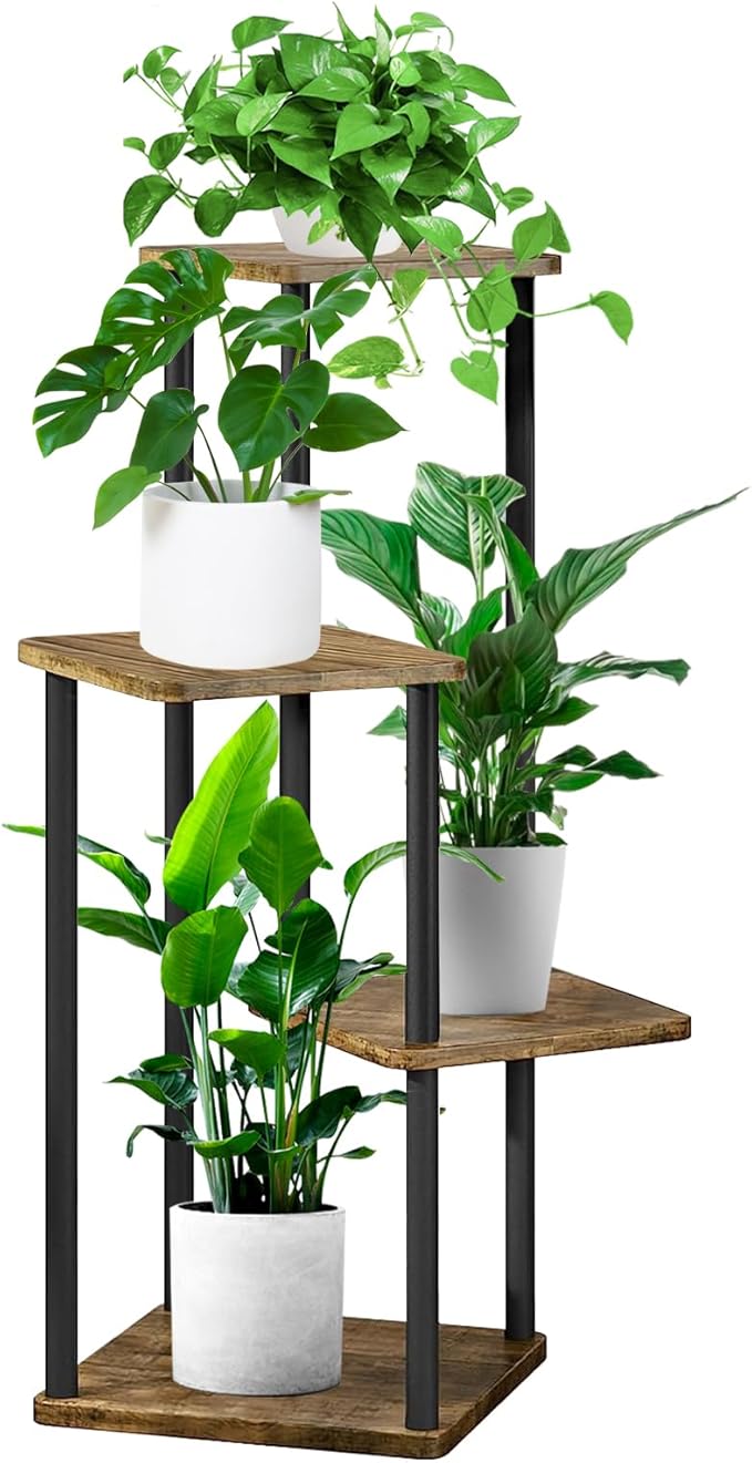 4 Tier Plant Stand Indoor, Thickened Metal Wood Corner Plant Shelf Stands for Multiple Plants, Indoor Tall Plants Stand Tiered Flower Holder for Living Room Patio Garden Balcony(Black+Brown)