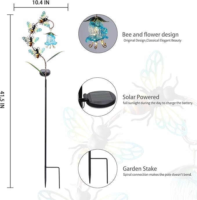 Bshine Solar Flower Outdoor Waterproof Bee Lights, Valentine's Day Garden Decorative Metal Stake Bee Hanging Flower, Yard Decorations Outdoor Patio, Courtyard, Pathway and Lawn Ornaments