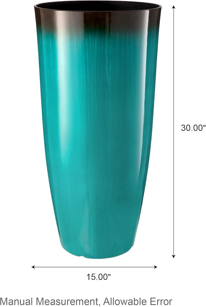 Glitzhome 30" H Tall Outdoor Planter, Set of 2 Large Tall Planters with Gradient Turquoise Faux Ceramic Finish, Plastic Large Flower Pots for Porch Garden Indoor All Season Decor,with Drainage Holes
