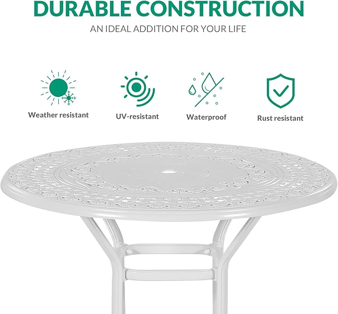 VIVIJASON 5-Piece Patio Swivel Bar Stools Set, All Weather Cast Aluminum Outdoor Bar Height Bistro Set with 4 Cushioned Bar Chairs & 38.5" High Bar Table w/Umbrella Hole for Backyard, Lawn, White