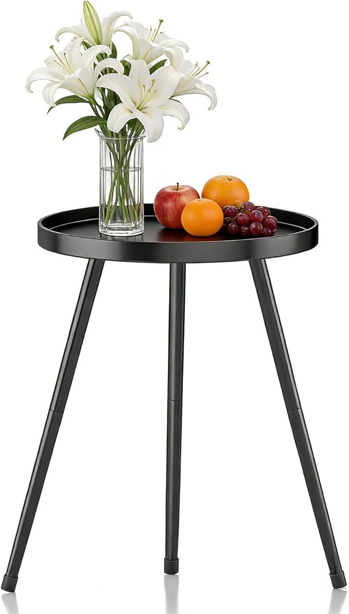 Small Round Side Table Metal End Table Outdoor Black Side Table Mid-Century Modern Accent Table for Office Bedroom Balcony and Small Spaces.