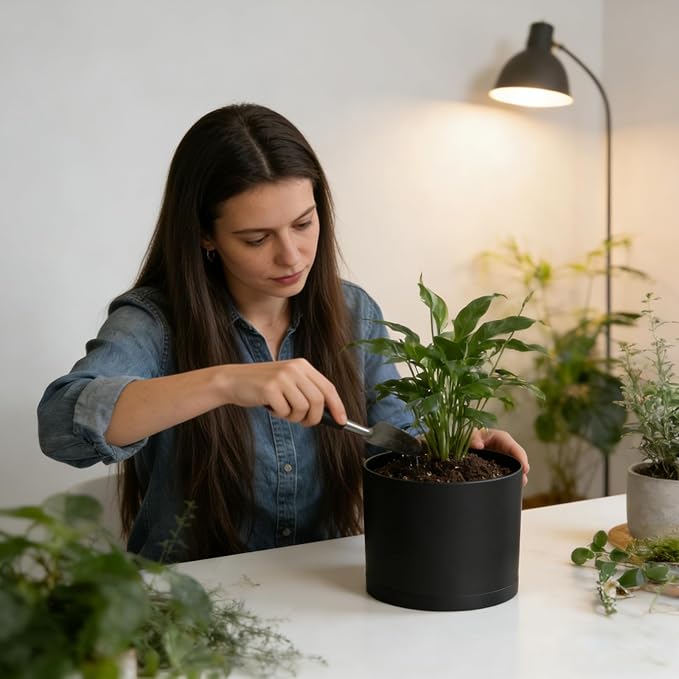 10 Inch Round Plastic Plant Pot with Drainage Holes and Saucer, Wide Flower Pots for Indoor & Outdoor Plants– 7.9" Tall Modern Cylinder Planter Pot for House Plants and Home Decorative, Matte Black