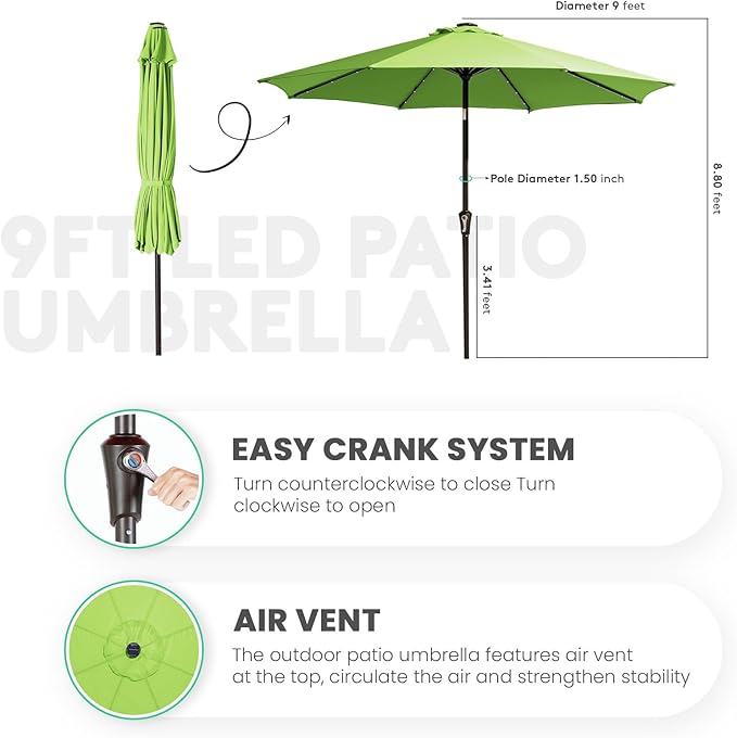 JEAREY 9FT Outdoor Patio Umbrella with Solar Lights, LED Lighted Pool Umbrella with Tilt and Crank, Outdoor Table Umbrellas for Deck, Yard & Market (Grass Green)