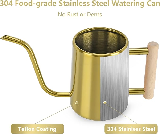 Watering Can Indoor Plants, 35 oz/1000 ml Metal Stainless Steel Watering Can Pot with Long Spout for Indoor House Plants Bonsai Outdoor Garden Flower Decorative (Gold)