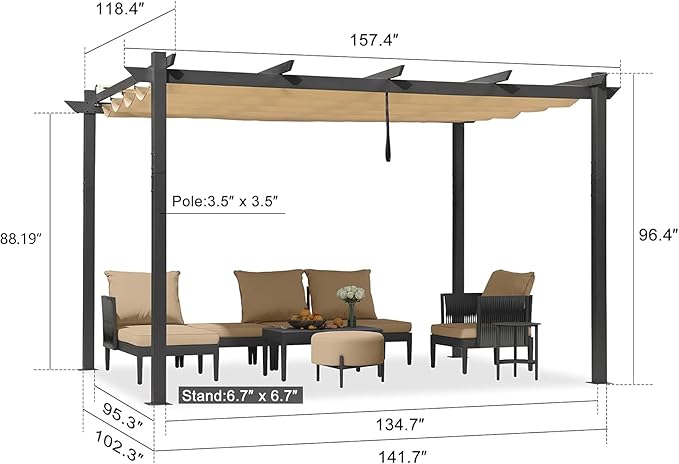 PURPLE LEAF 10' x 13' Aluminum Outdoor Pergola Wind-Resistant Retractable Pergola with Double Sun Shade Canopy Heavy-Duty Metal Pergola for Patios Backyard Deck Garden, Khaki