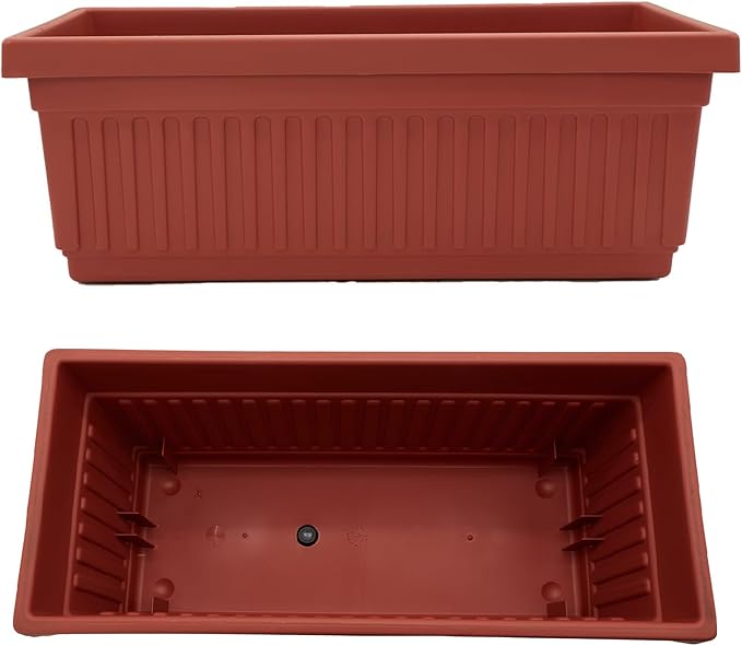 The HC Companies 18 Inch Venetian Rectangular Window Planter Box - Lightweight Plastic Indoor Outdoor Plant Pot with Drainage for Windowsill, Herbs, Flowers, Clay (Pack of 2)